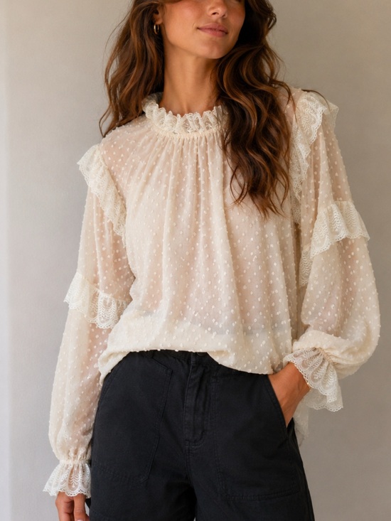 Tops - Lace Trim Swiss Dot Blouse - Cream